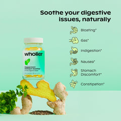 Wholier ginger root oil bottle supports gentle gut comfort.
