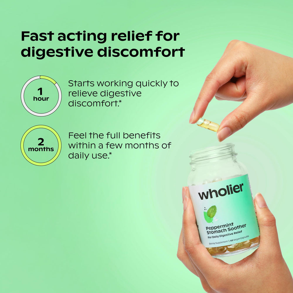 Wholier inner enteric-coated peppermint oil delivers targeted digestive support.