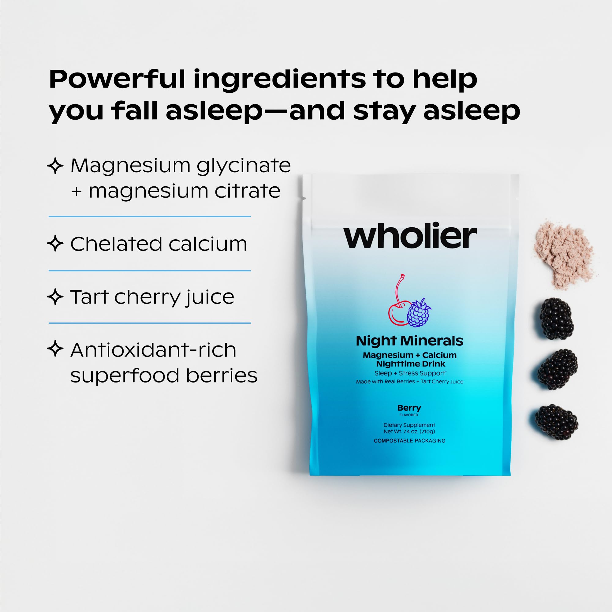 Wholier Night Minerals calcium-citrate-malate bottle emphasizes mineral balance for rest