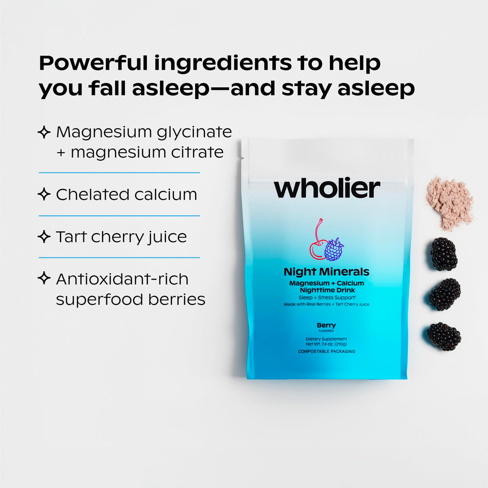 Wholier Night Minerals calcium-citrate-malate bottle emphasizes mineral balance for rest