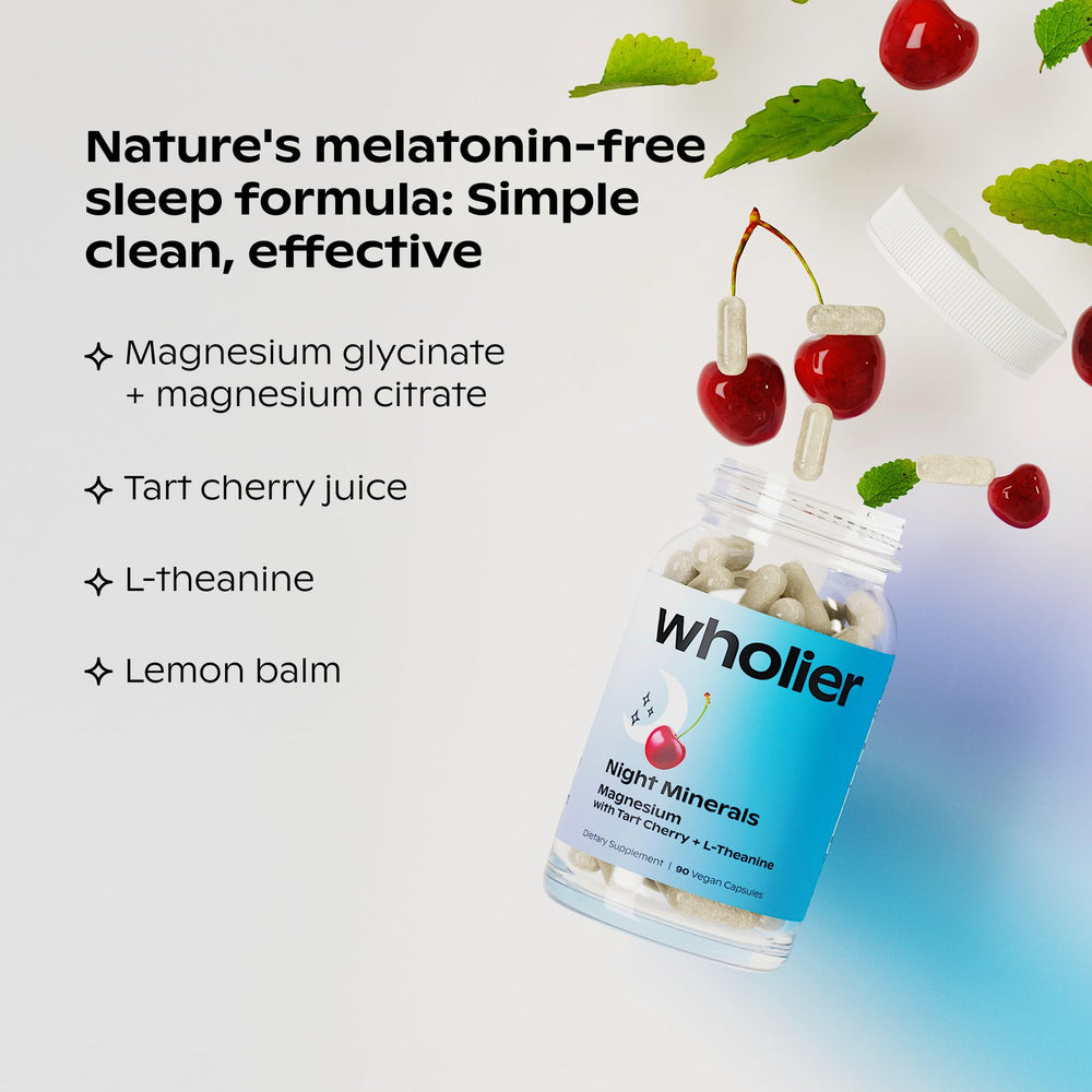 Wholier Night Minerals capsules indicate vegan, non-GMO formula.