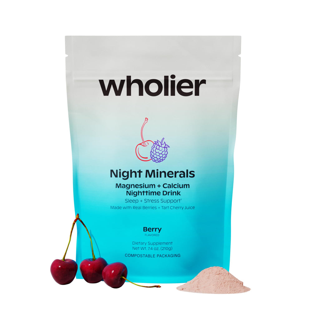 Wholier Night Minerals bottle shows magnesium glycinate for calming nighttime support