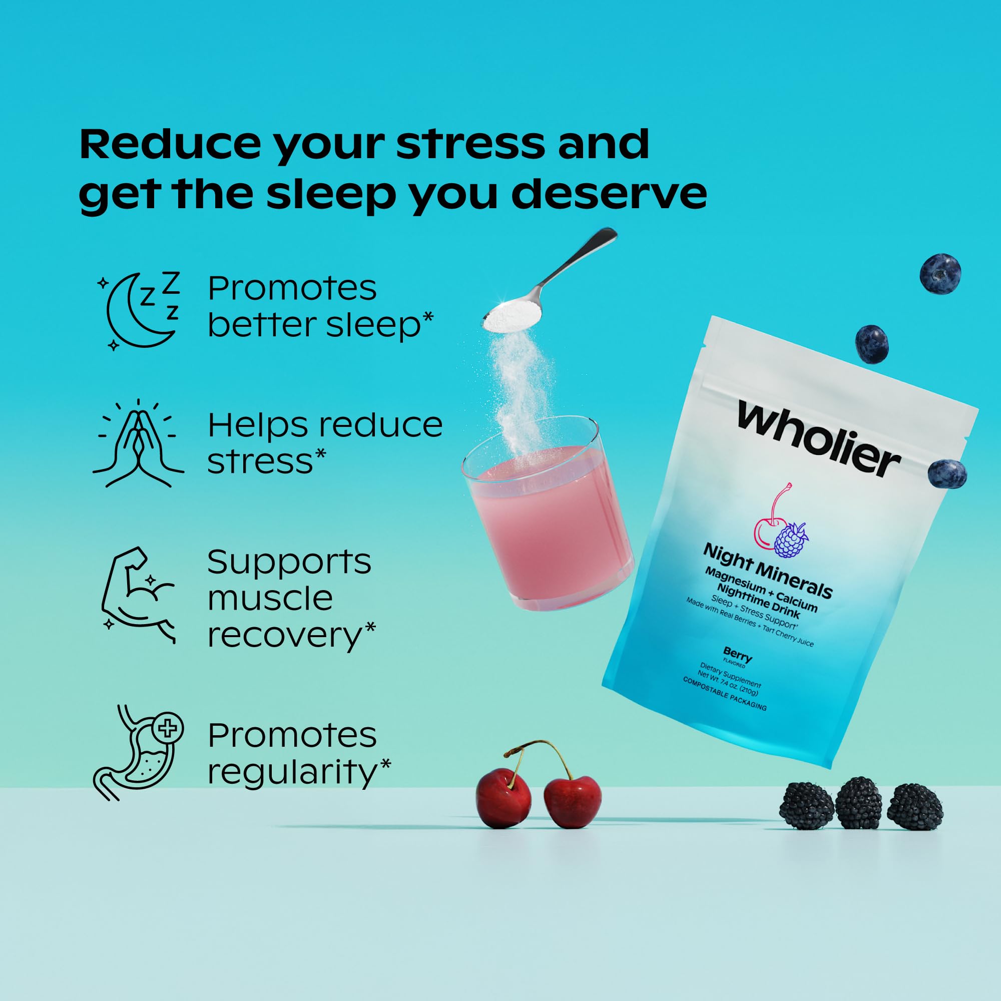 Wholier Night Minerals tart cherry juice powder promotes natural relaxation before sleep