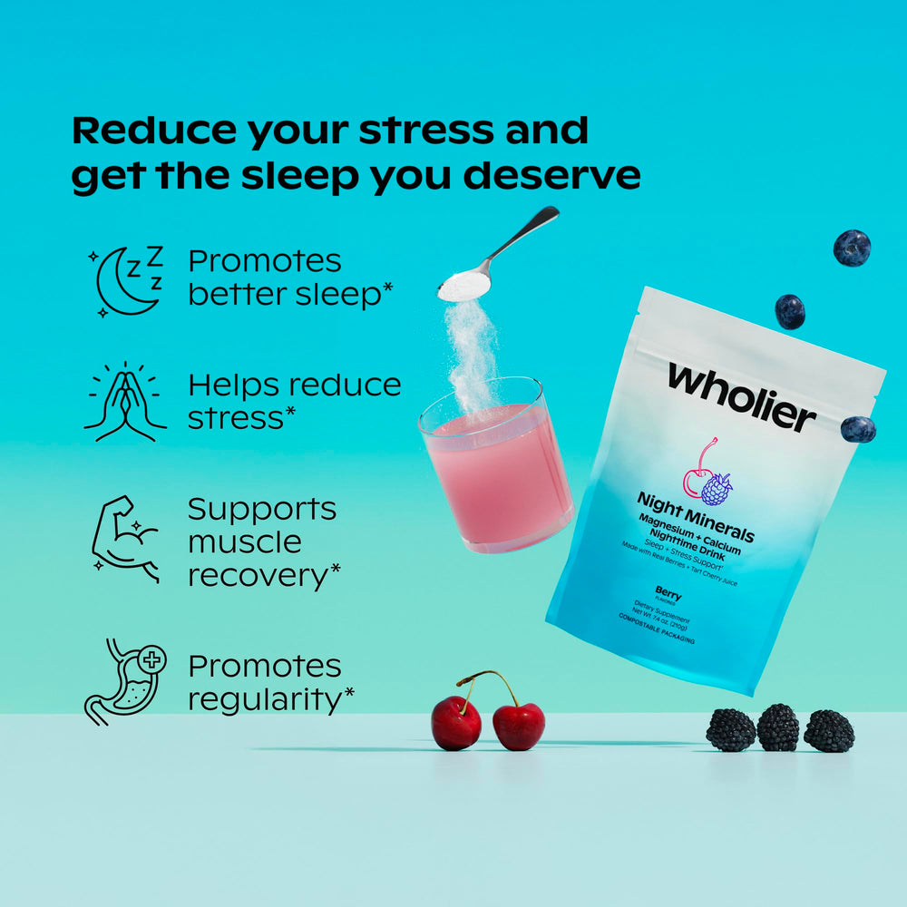 Wholier Night Minerals tart cherry juice powder promotes natural relaxation before sleep