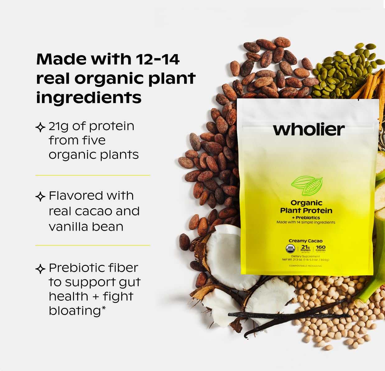Wholier Creamy Cacao protein powder being poured into a smoothie glass.