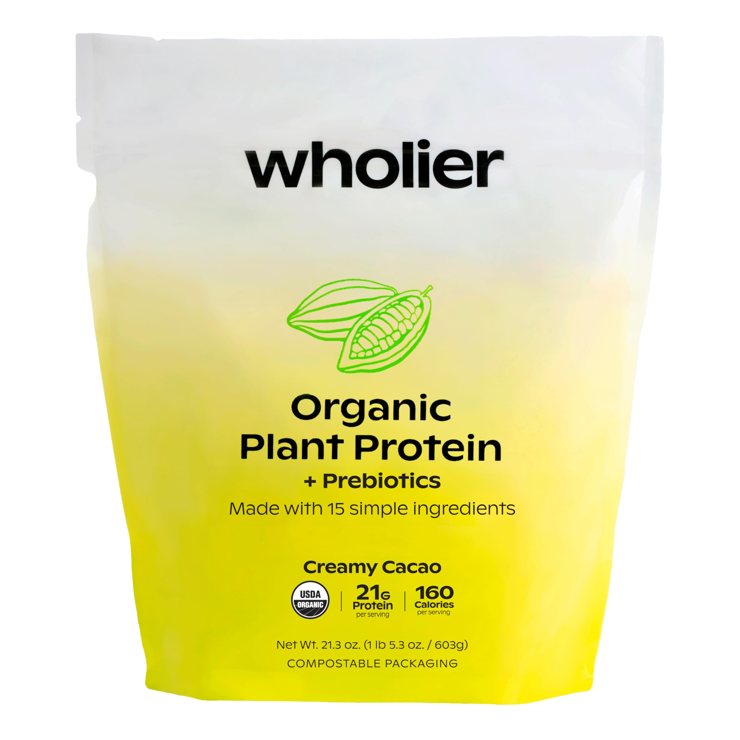 Wholier Organic Plant Protein Creamy Cacao tub for daily clean nutrition.