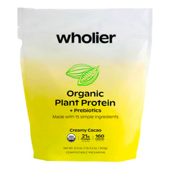 Wholier Organic Plant Protein Creamy Cacao tub for daily clean nutrition.