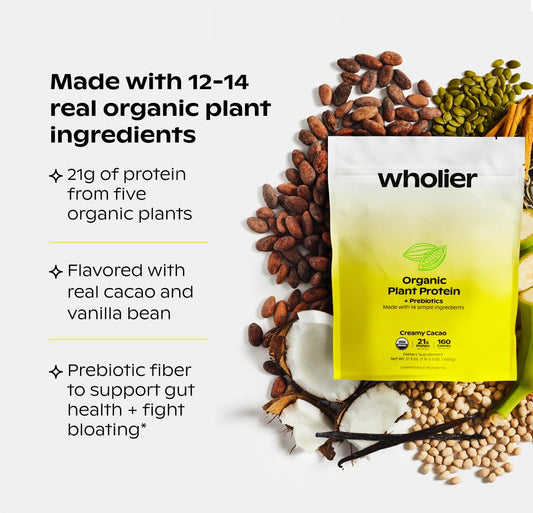 Wholier Organic Plant Protein dry powder scoop highlights plant-based protein and convenient serving.