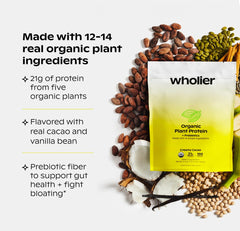 Wholier Organic Plant Protein dry powder scoop highlights plant-based protein and convenient serving.