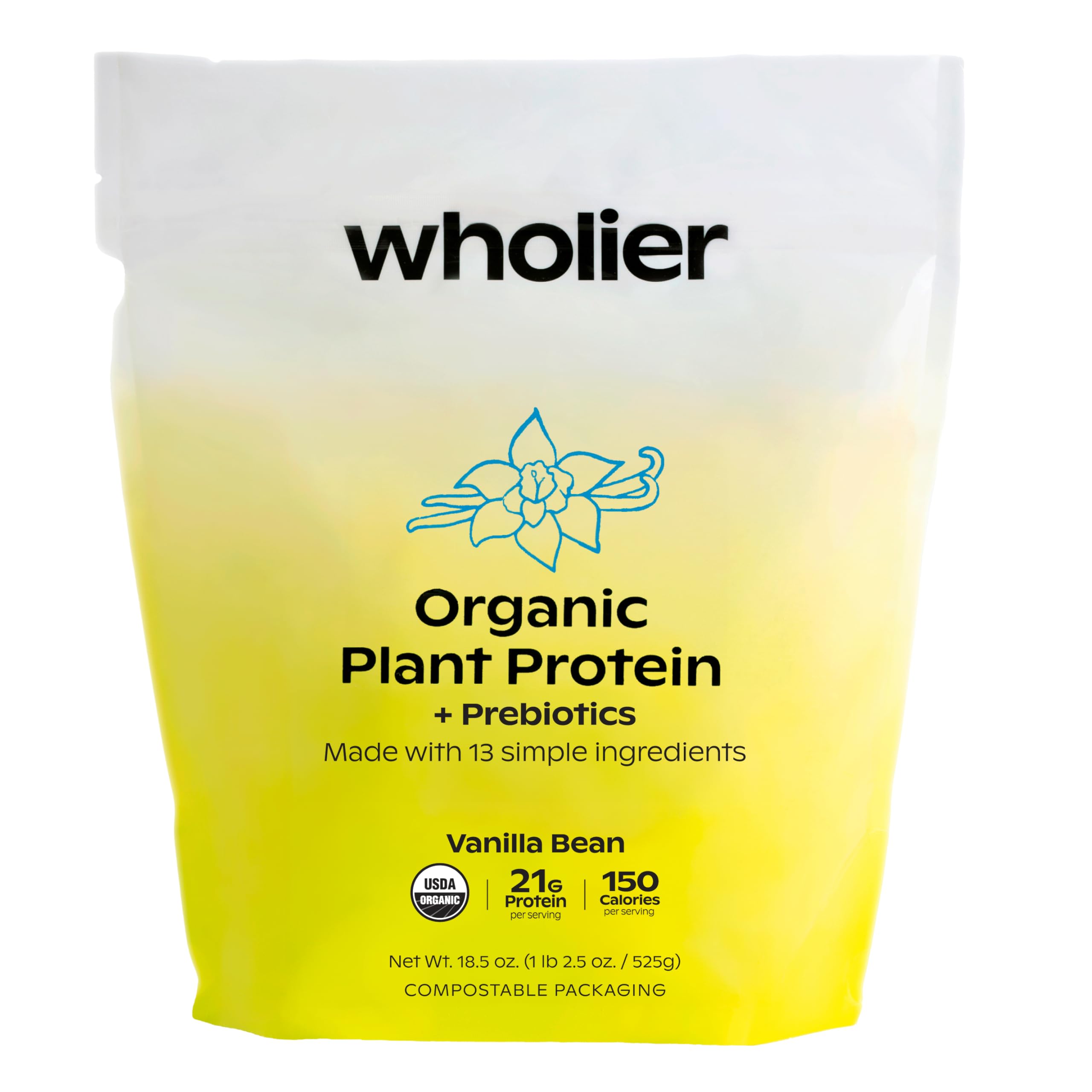 Wholier Organic Plant Protein bottle showing vanilla flavor and clean ingredients.