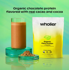 Wholier Organic Plant Protein shake in a glass showing creamy texture.