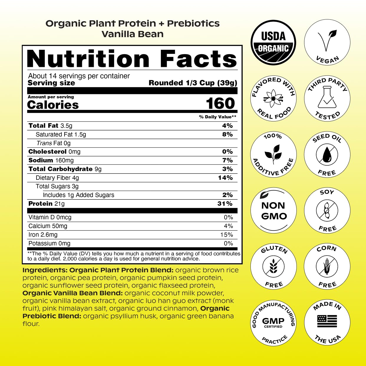 Wholier Organic Plant Protein packaging closeup communicates organic, clean labeled product.