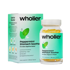 Wholier peppermint oil bottle with refreshing aroma for digestive comfort.