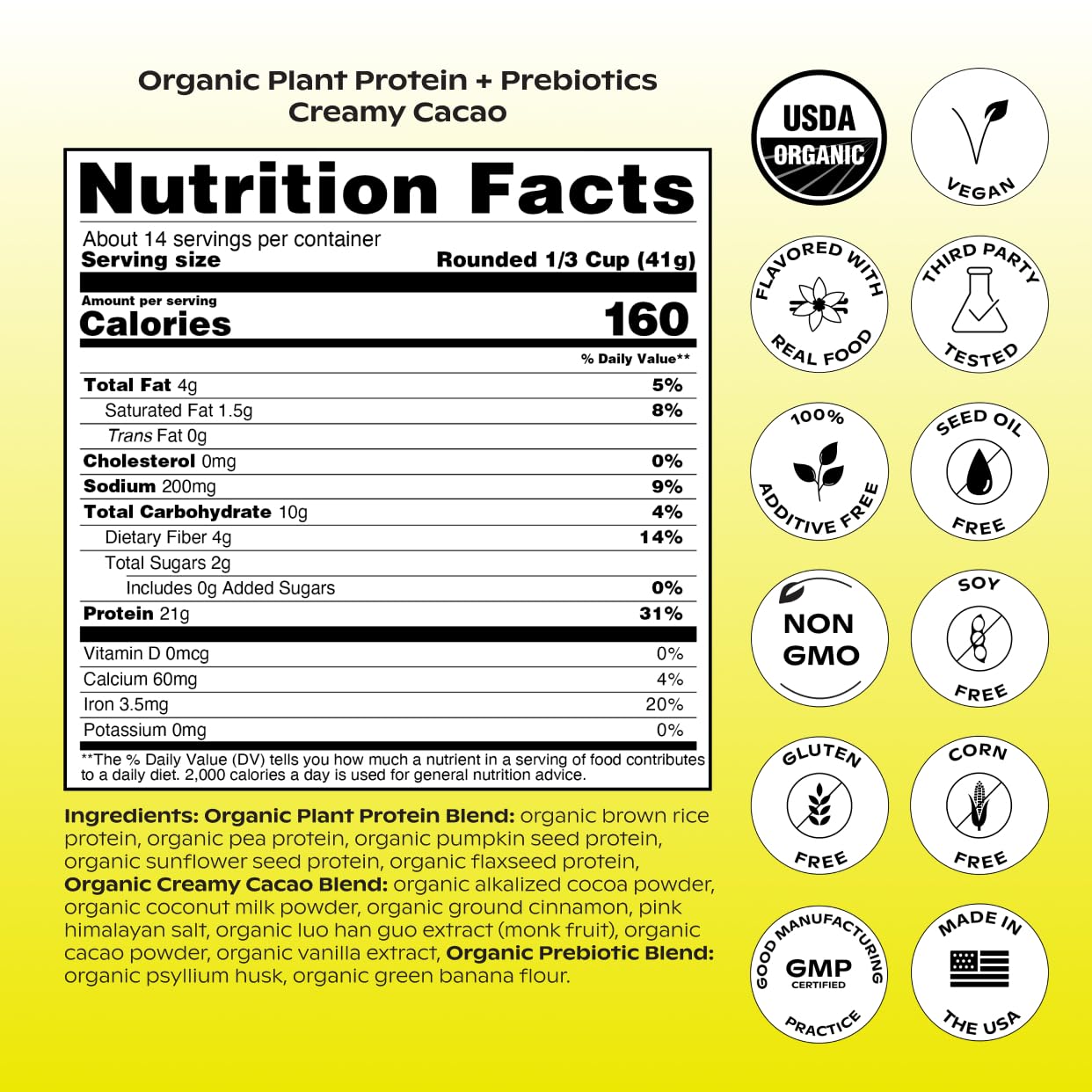 Wholier Plant Protein label close-up highlights clean ingredients.