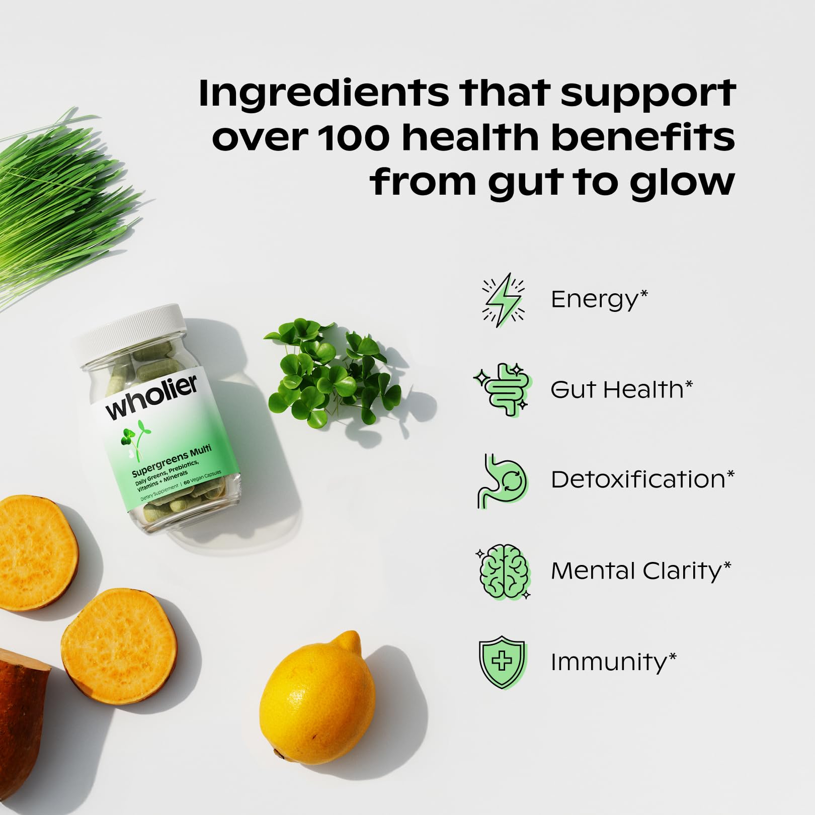 Close-up of Wholier Supergreens capsules ready for daily use.