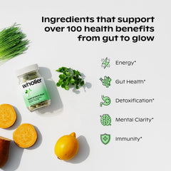Close-up of Wholier Supergreens capsules ready for daily use.