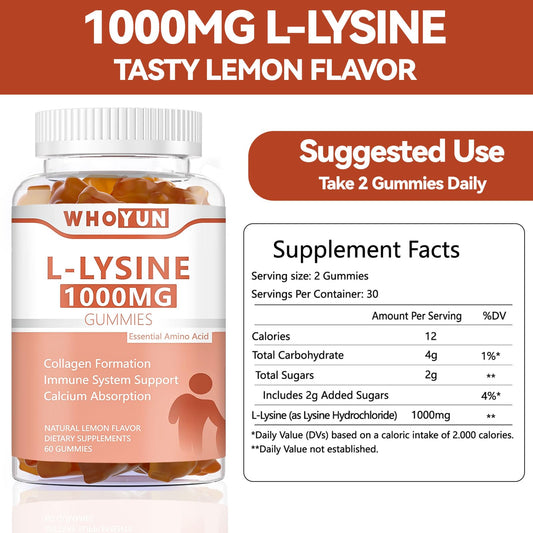 Whoyun L-Lysine gummies serving with two gummies, potentially supporting immune health