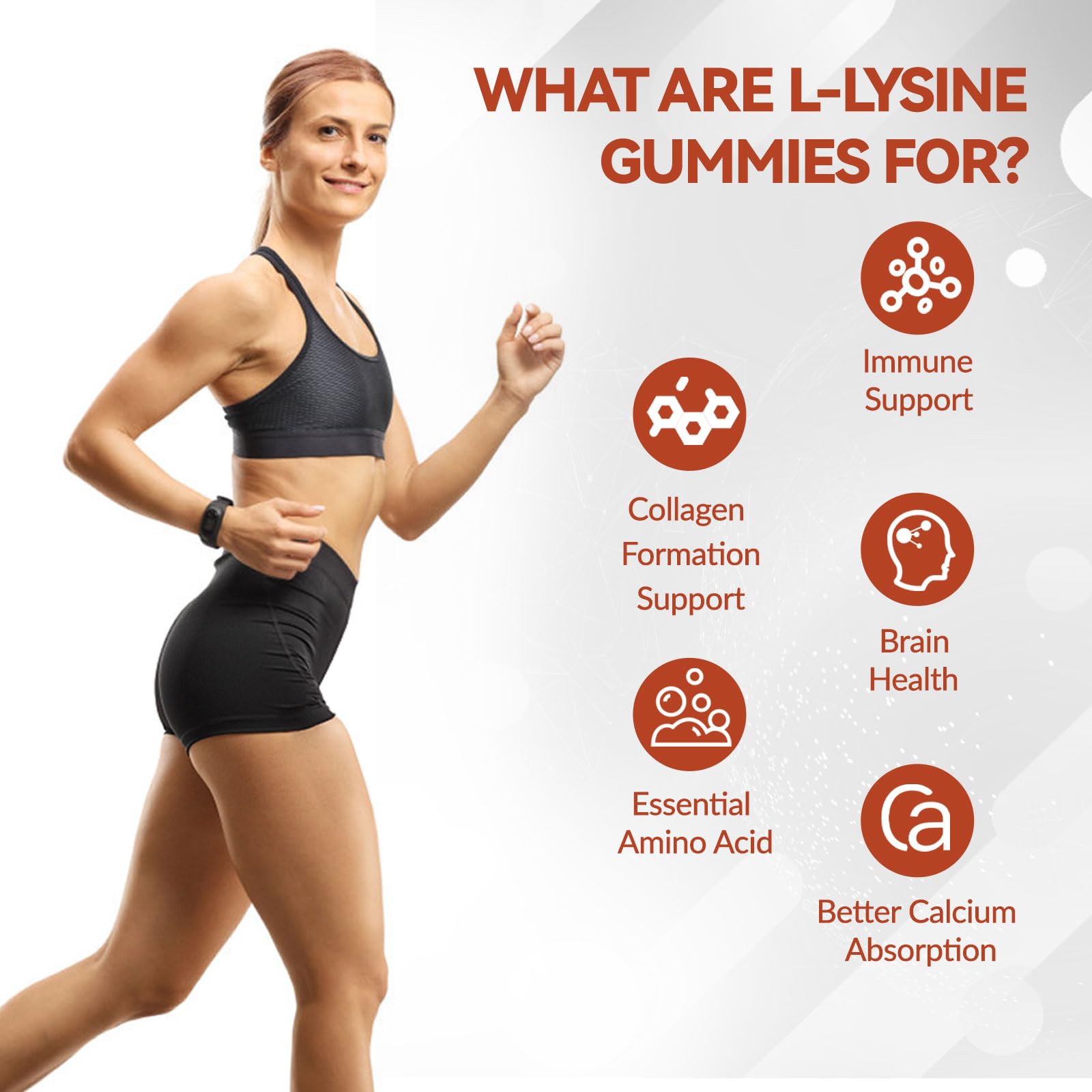 Whoyun L-Lysine gummies packaging emphasizing gluten-free and non-GMO notes
