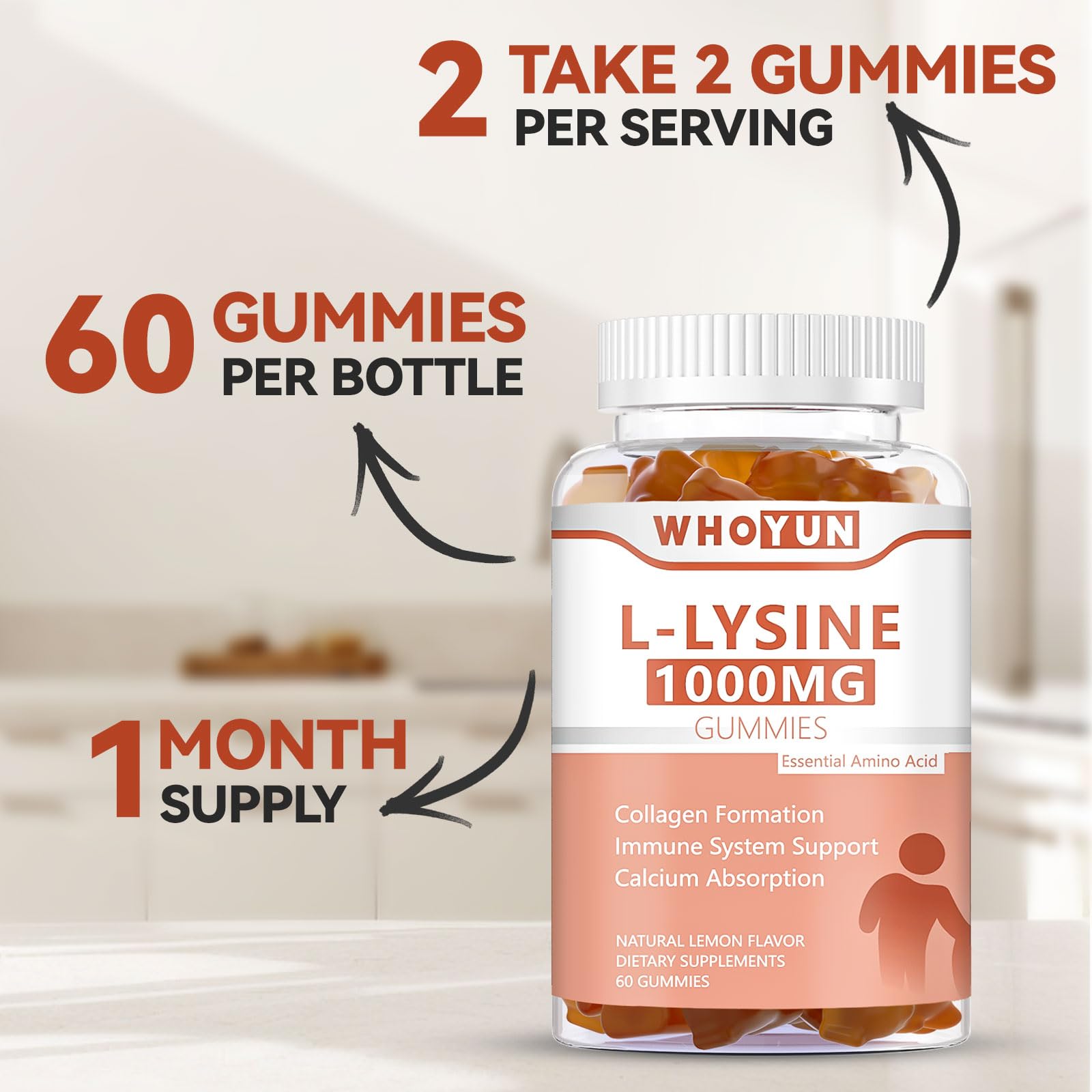Whoyun L-Lysine gummies packaging on shelf highlighting gluten-free and non-GMO notes