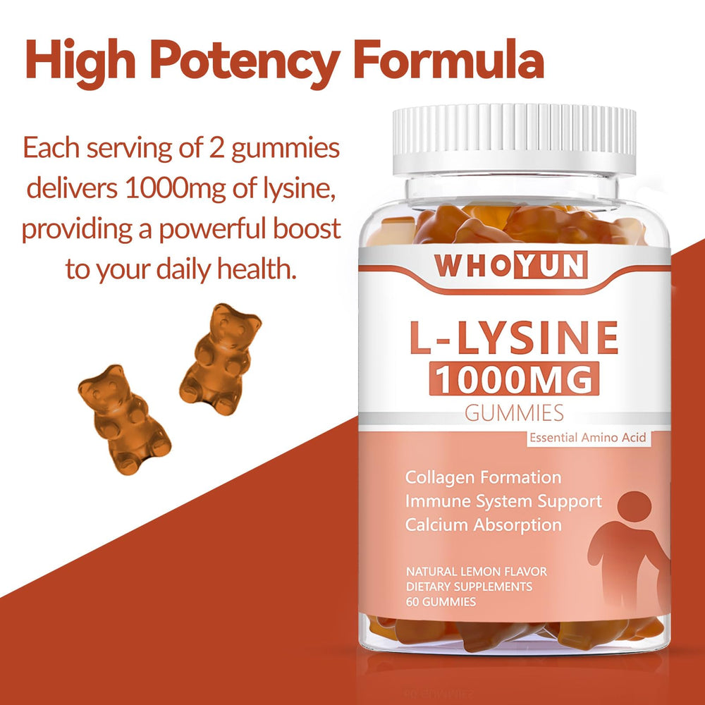 Whoyun L-Lysine gummies closeup highlighting lemon flavor and chewy texture
