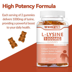 Whoyun L-Lysine gummies closeup highlighting lemon flavor and chewy texture
