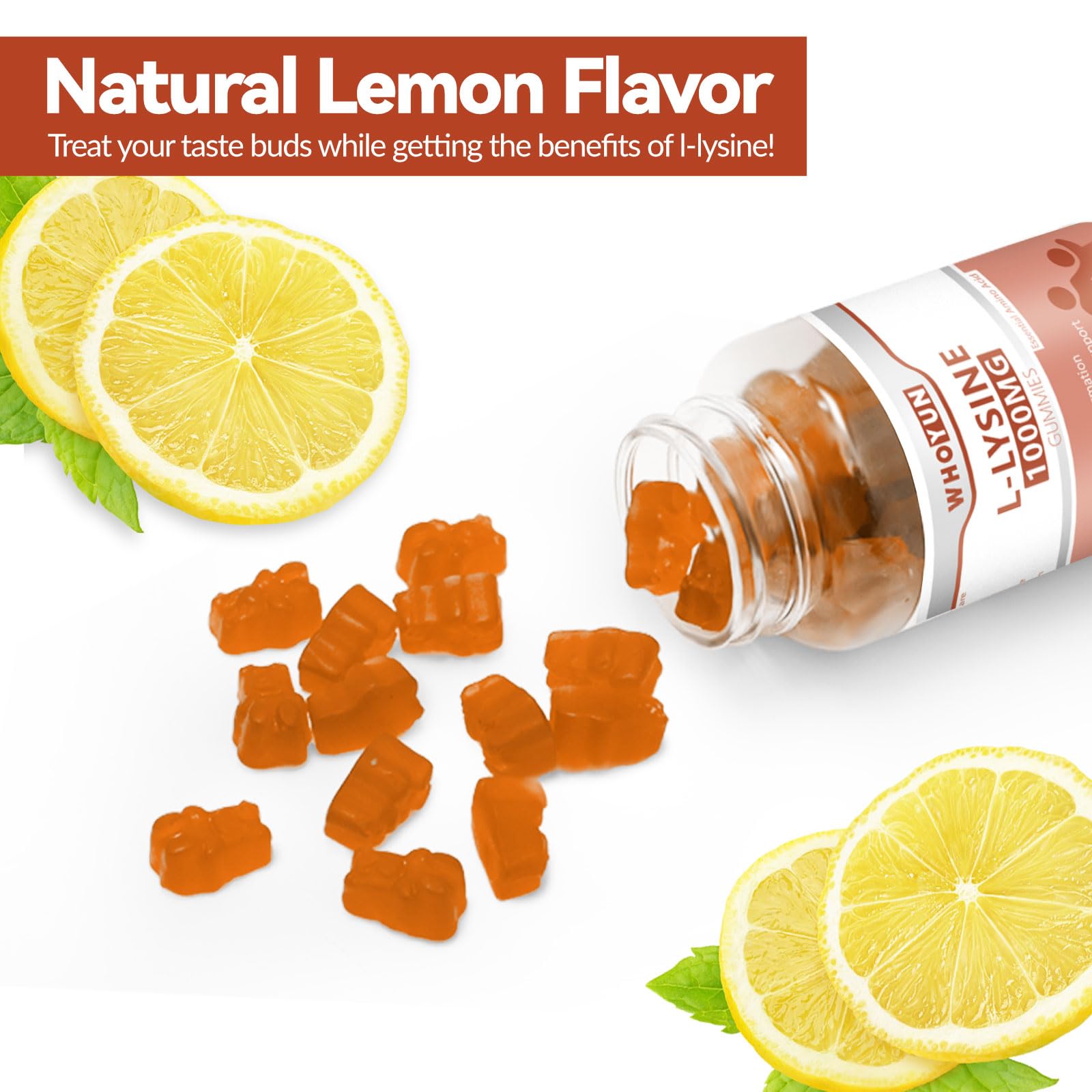 Whoyun L-Lysine gummies daily-use scene beside a glass for easy supplementation