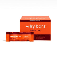 Why Bars Cherry Chia bar front view showing a portable protein snack for active days