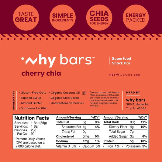 Why Bars Cherry Chia bar nutrition panel highlights gluten-free, fiber-rich energy on the go