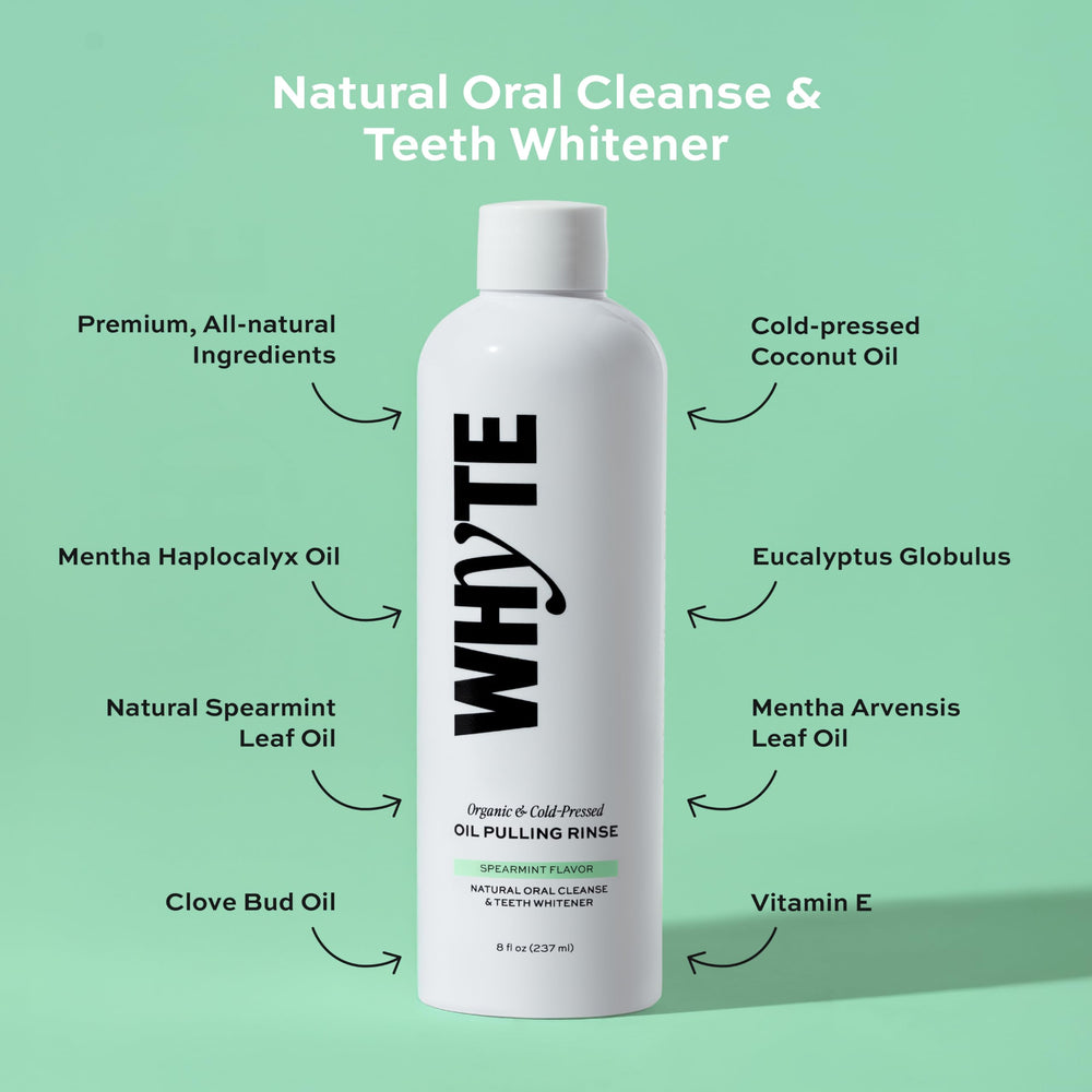 WHYTE mouthwash splash illustrating cleansing action and breath freshness