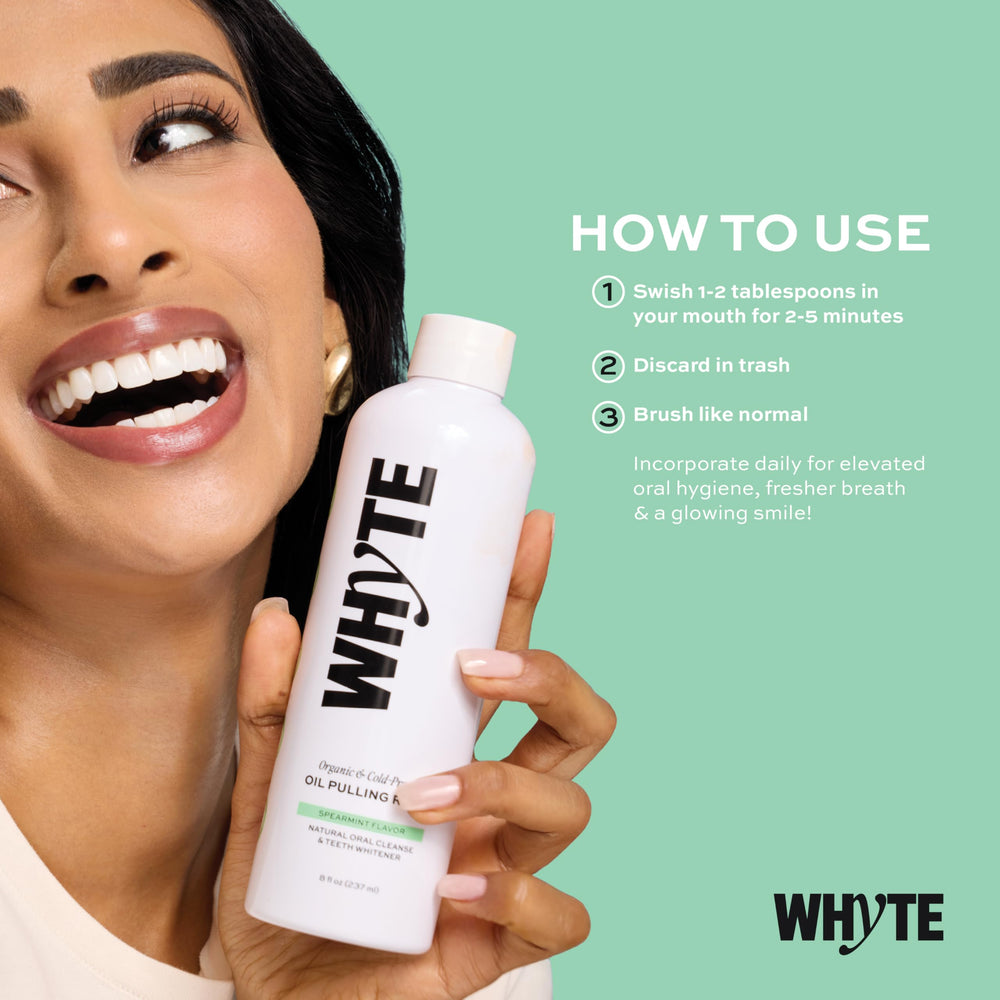 WHYTE oil pulling rinse with essential oils supporting gum health