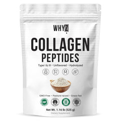 WHYZ bovine collagen powder front packaging highlights hydrolyzed protein for easy mixing in drinks.