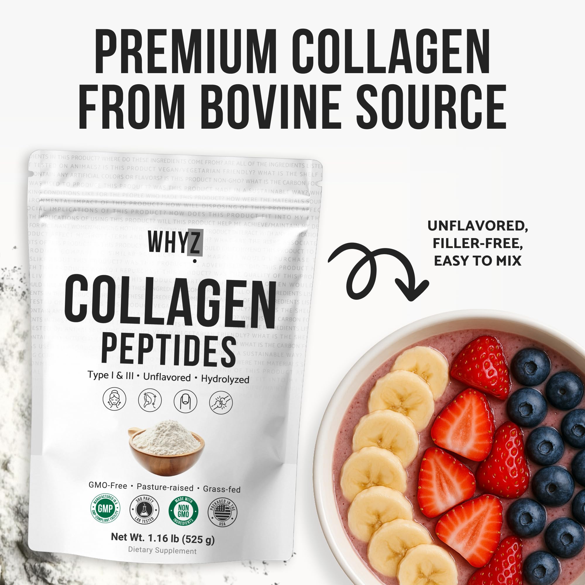 WHYZ bovine collagen powder in smoothie suggests easy nutrition.
