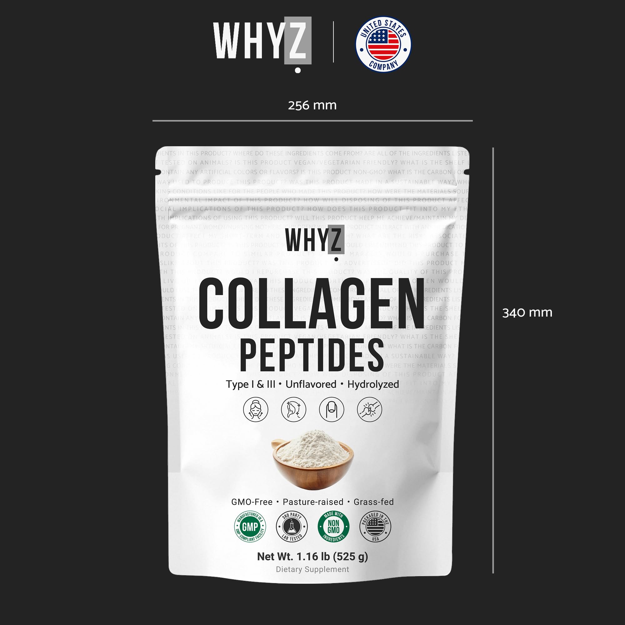 WHYZ bovine collagen powder nutrition panel implies transparent ingredients.