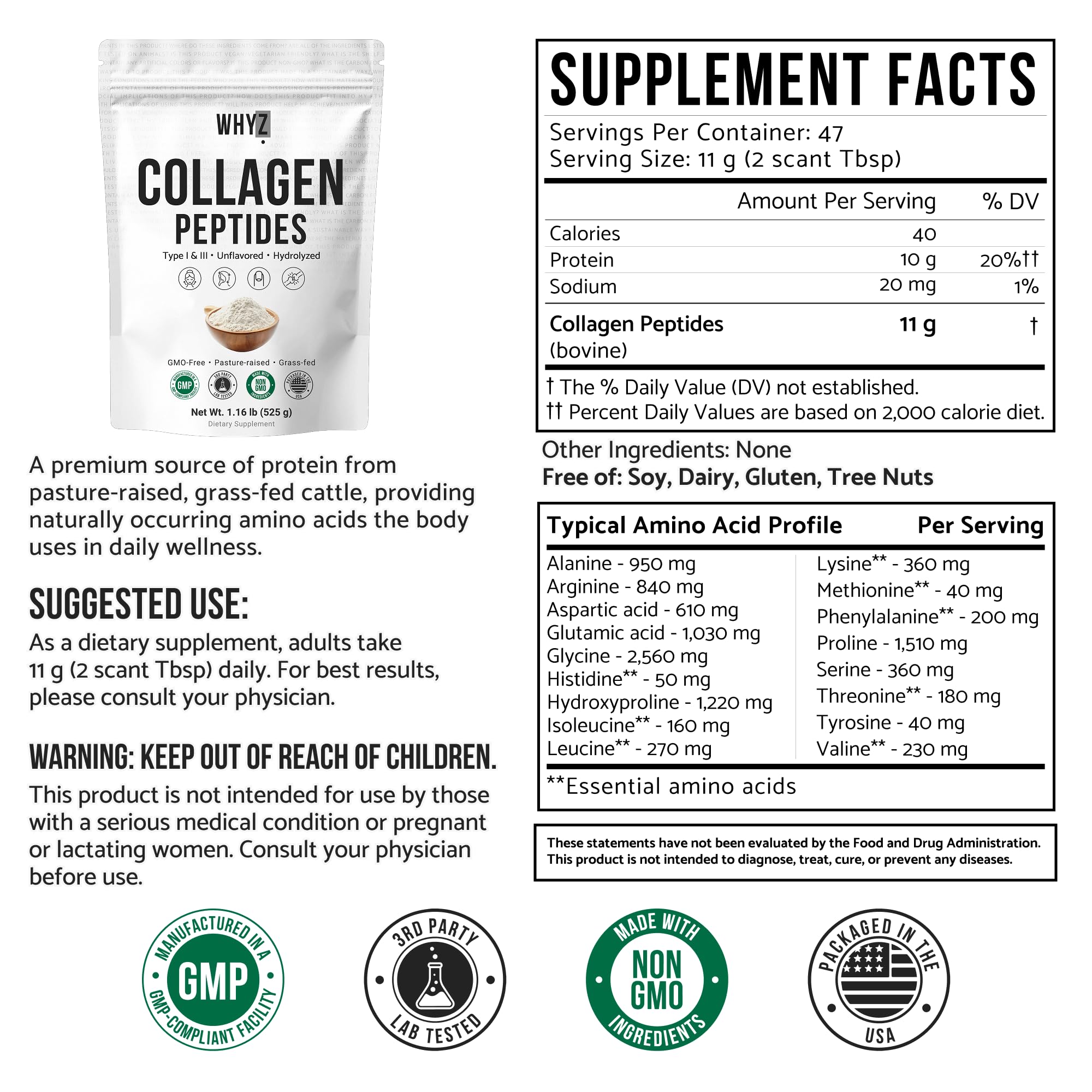 WHYZ bovine collagen powder with scoop emphasizes precise dosing for daily use.