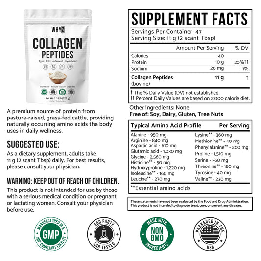 WHYZ bovine collagen powder with scoop emphasizes precise dosing for daily use.