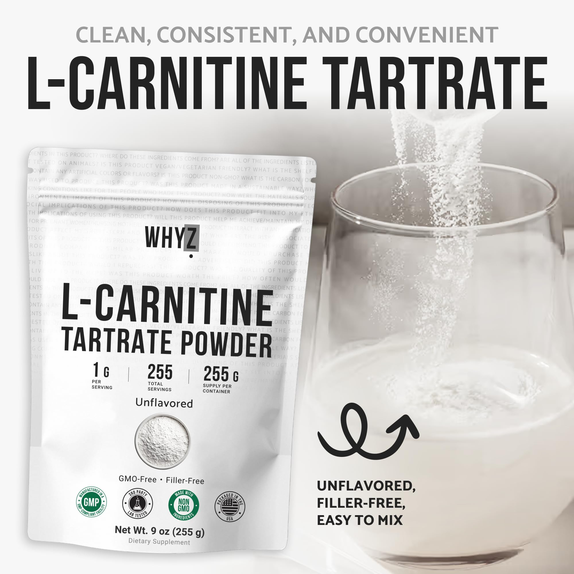 Clean-label WHYZ L-Carnitine Tartrate jar showing non-GMO formula.