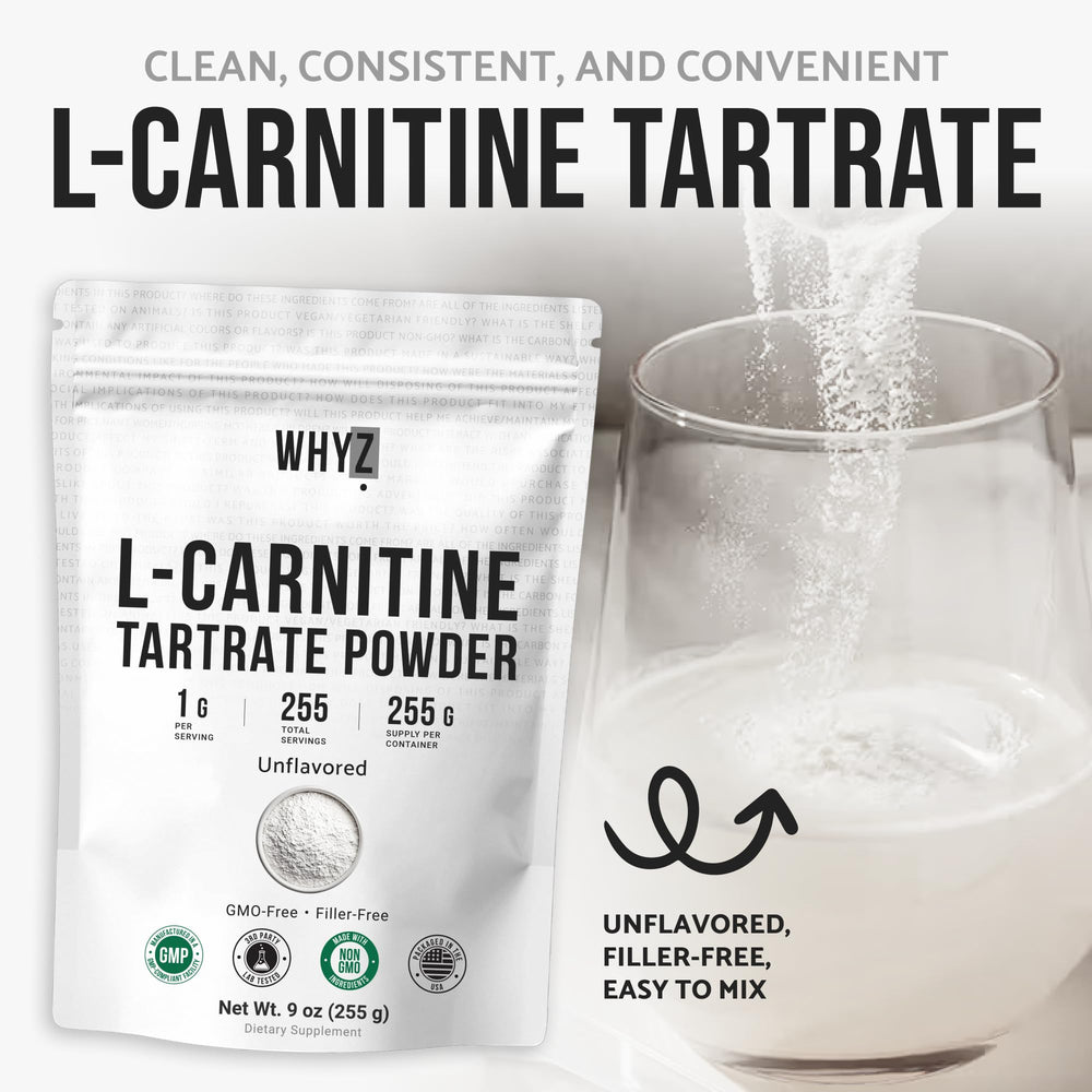 Clean-label WHYZ L-Carnitine Tartrate jar showing non-GMO formula.