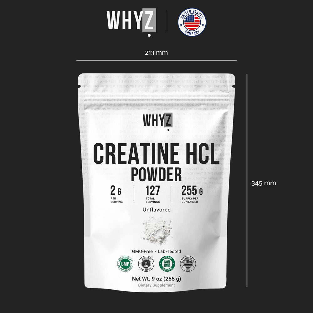 WHYZ Creatine HCl powder closeup shows clean ingredient profile.
