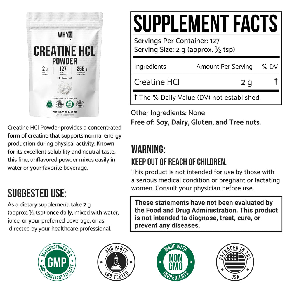 WHYZ Creatine HCl powder dissolves easily in water for quick drinks.