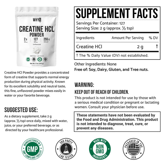 WHYZ Creatine HCl powder dissolves easily in water for quick drinks.