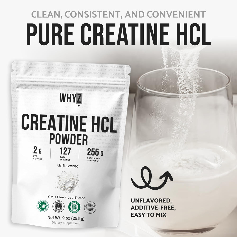 WHYZ Creatine HCl powder label highlights non GMO and gluten free status.