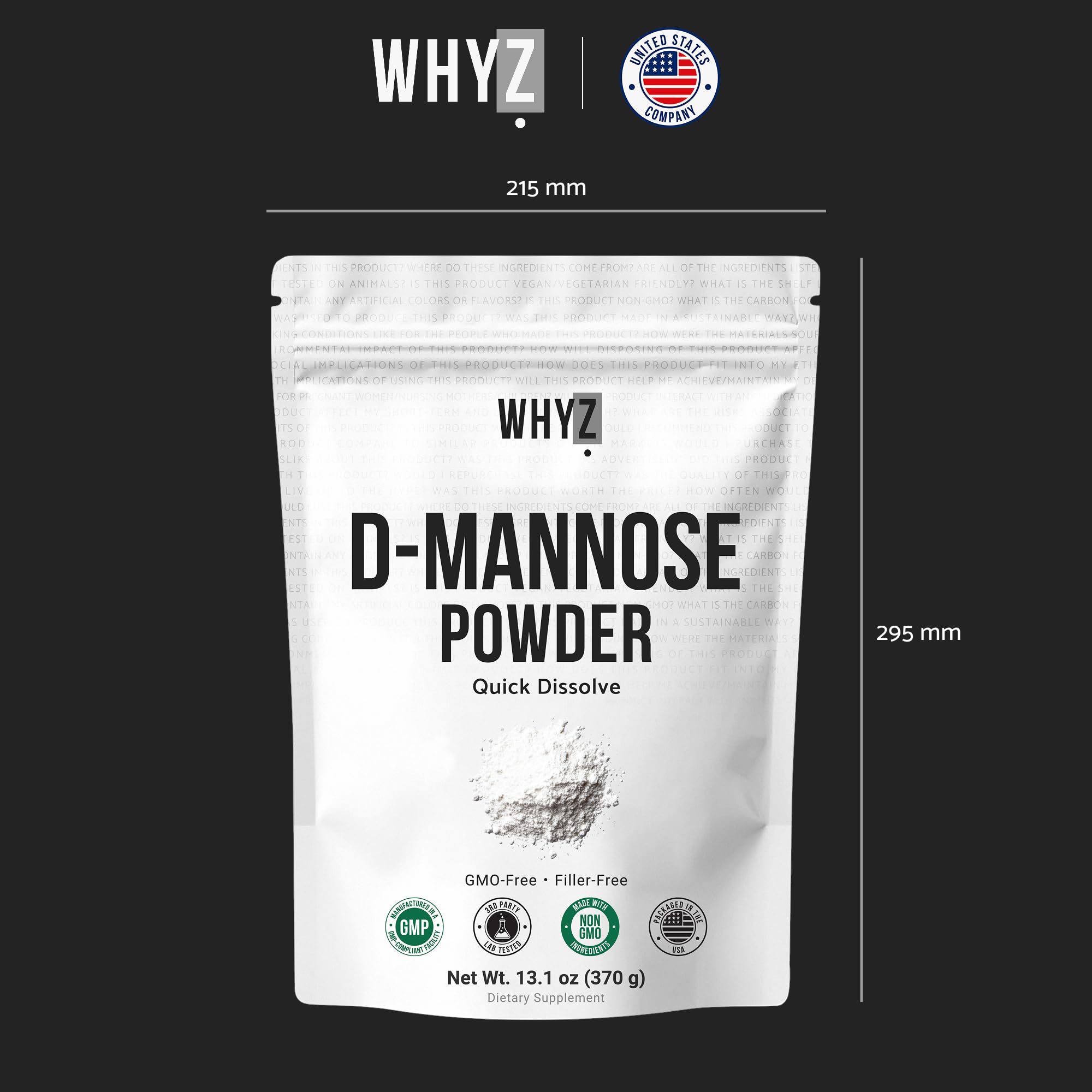 WHYZ D-Mannose powder label emphasizes clean, allergen-free formula.