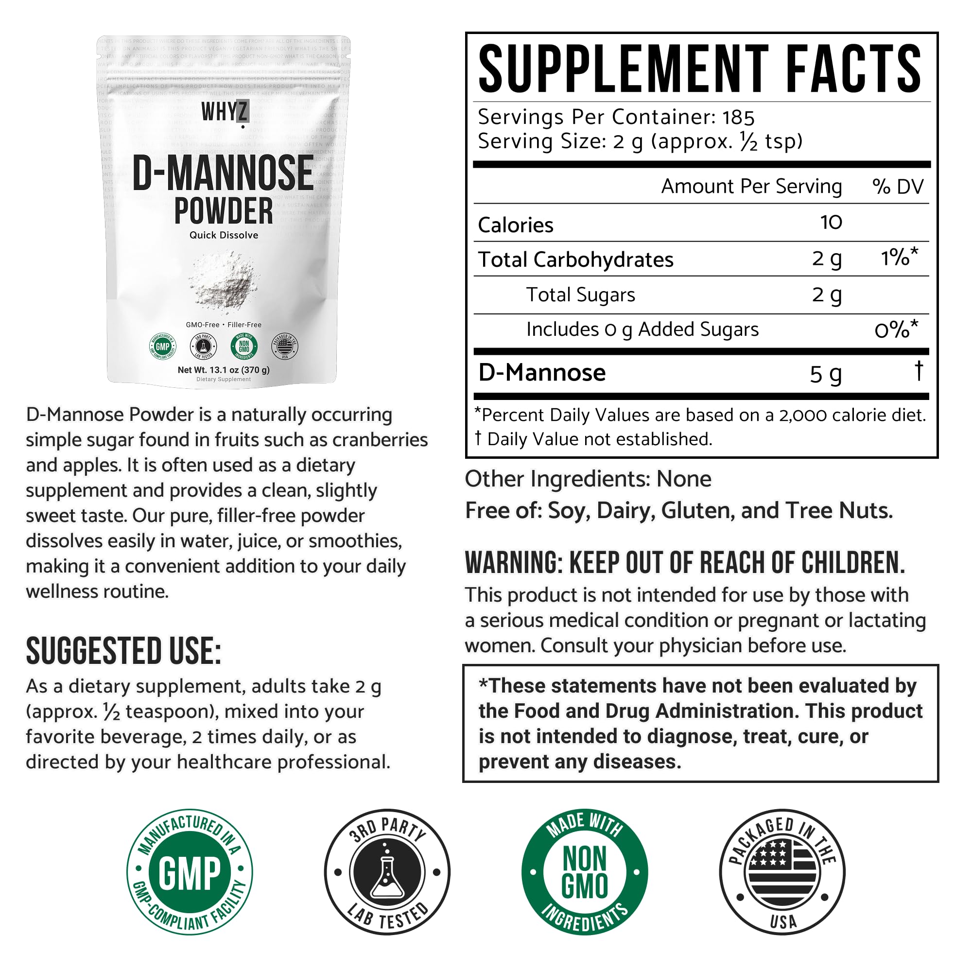 WHYZ D-Mannose powder scoop enables precise serving.