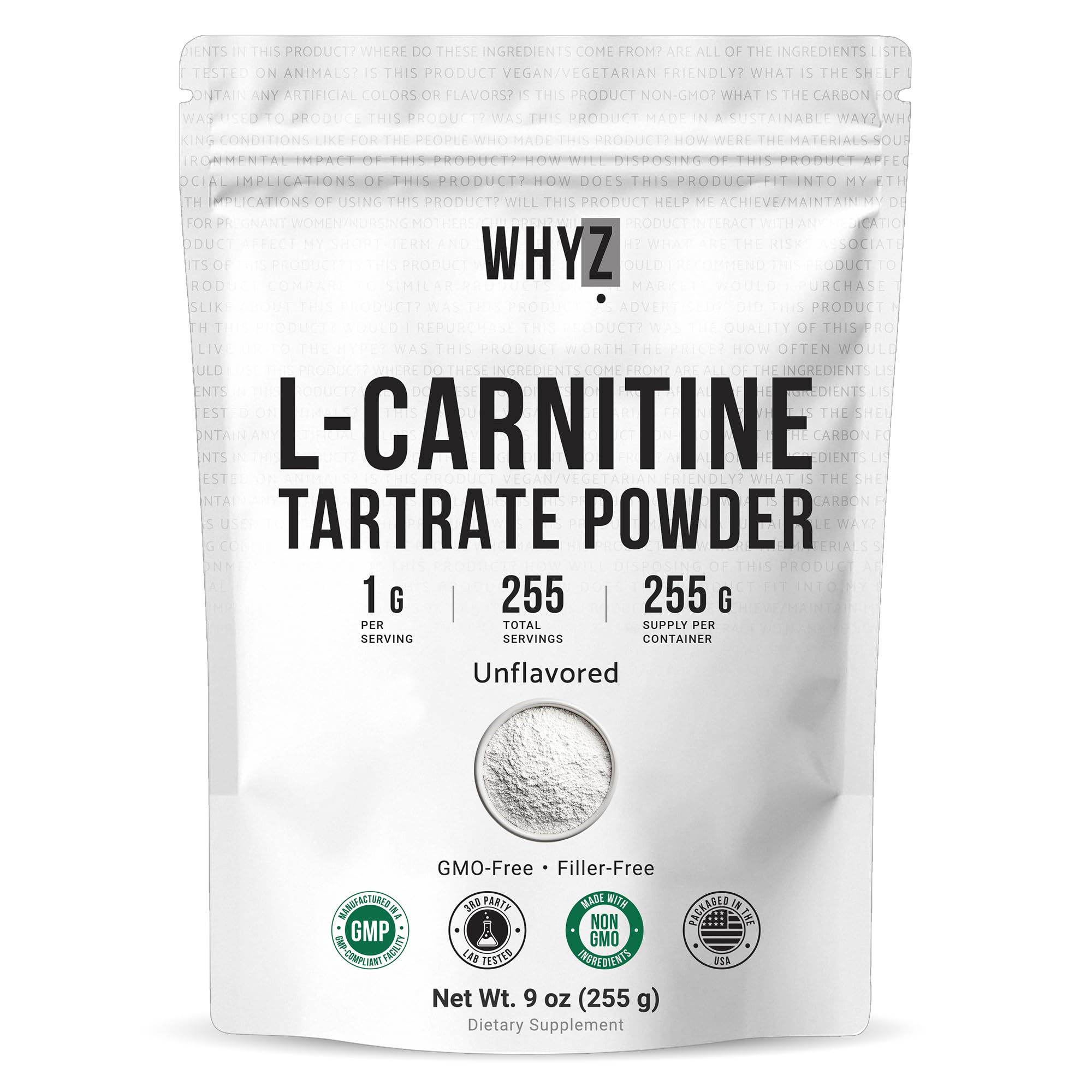 WHYZ L-Carnitine Tartrate powder bottle with neutral taste for easy daily use.
