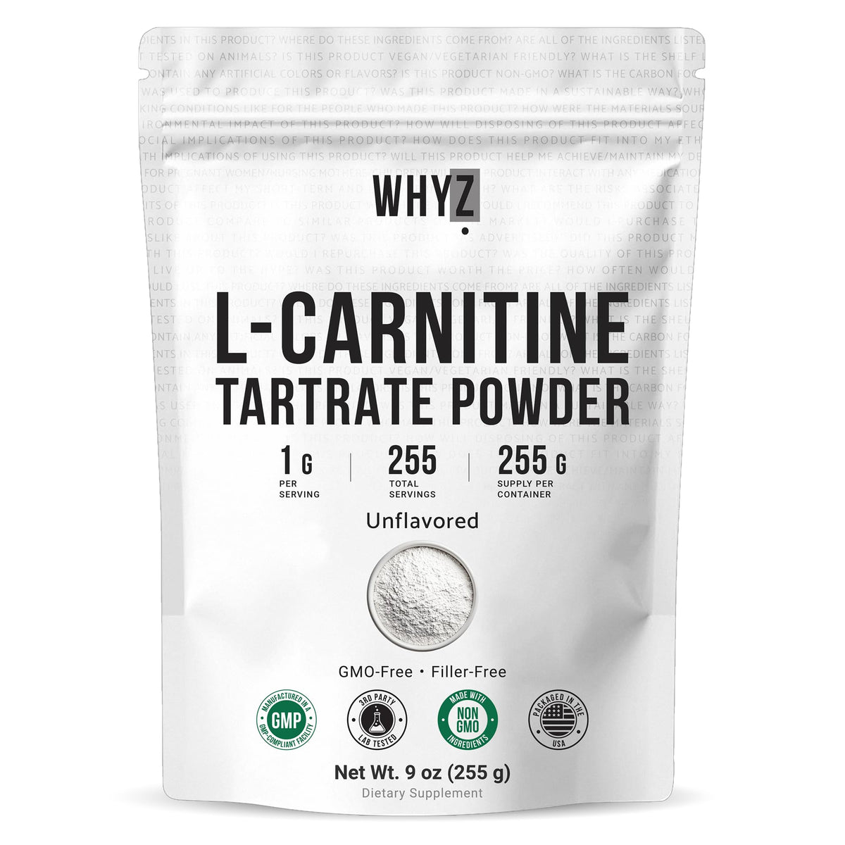 WHYZ L-Carnitine Tartrate powder bottle with neutral taste for easy daily use.