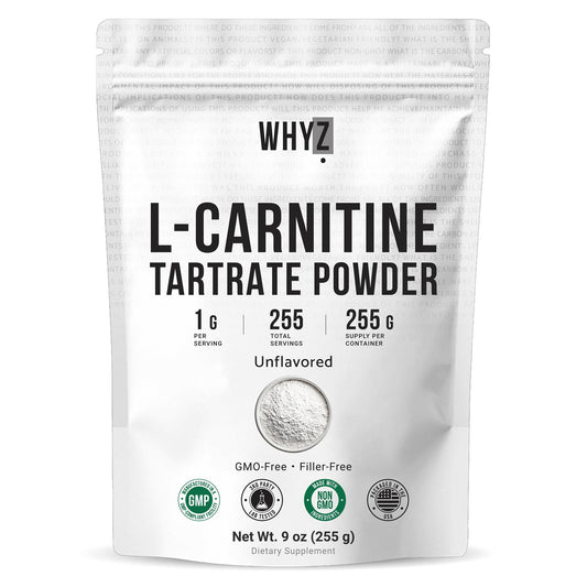 WHYZ L-Carnitine Tartrate powder bottle with neutral taste for easy daily use.