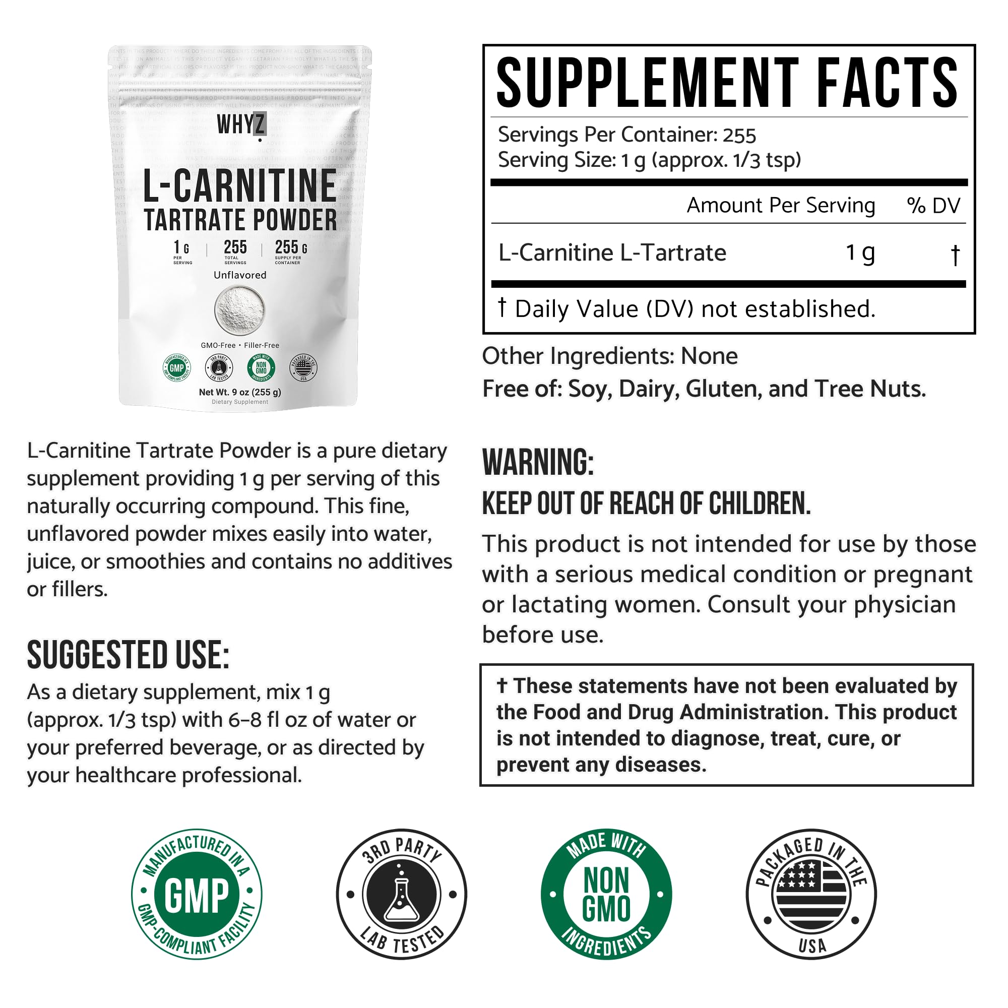 Close-up of the scoop measuring WHYZ L-Carnitine Tartrate for precise daily dosing.