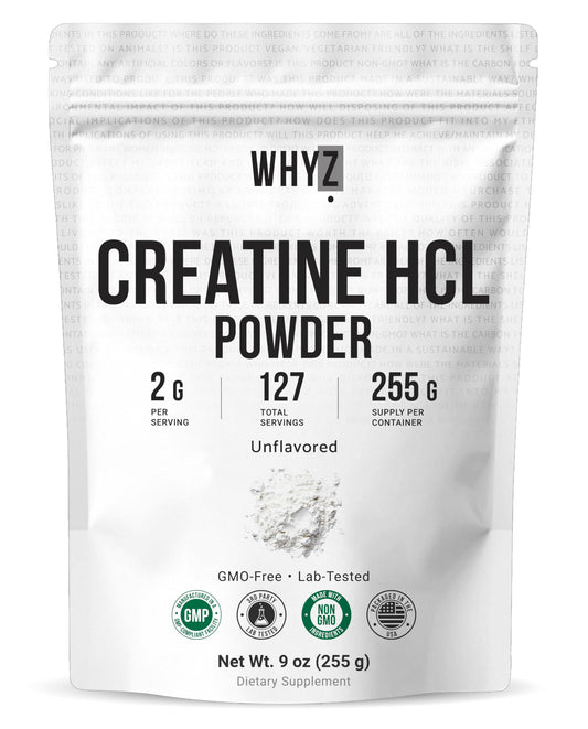 WHYZ Pure Creatine HCl powder packaging for a clean daily supplement.