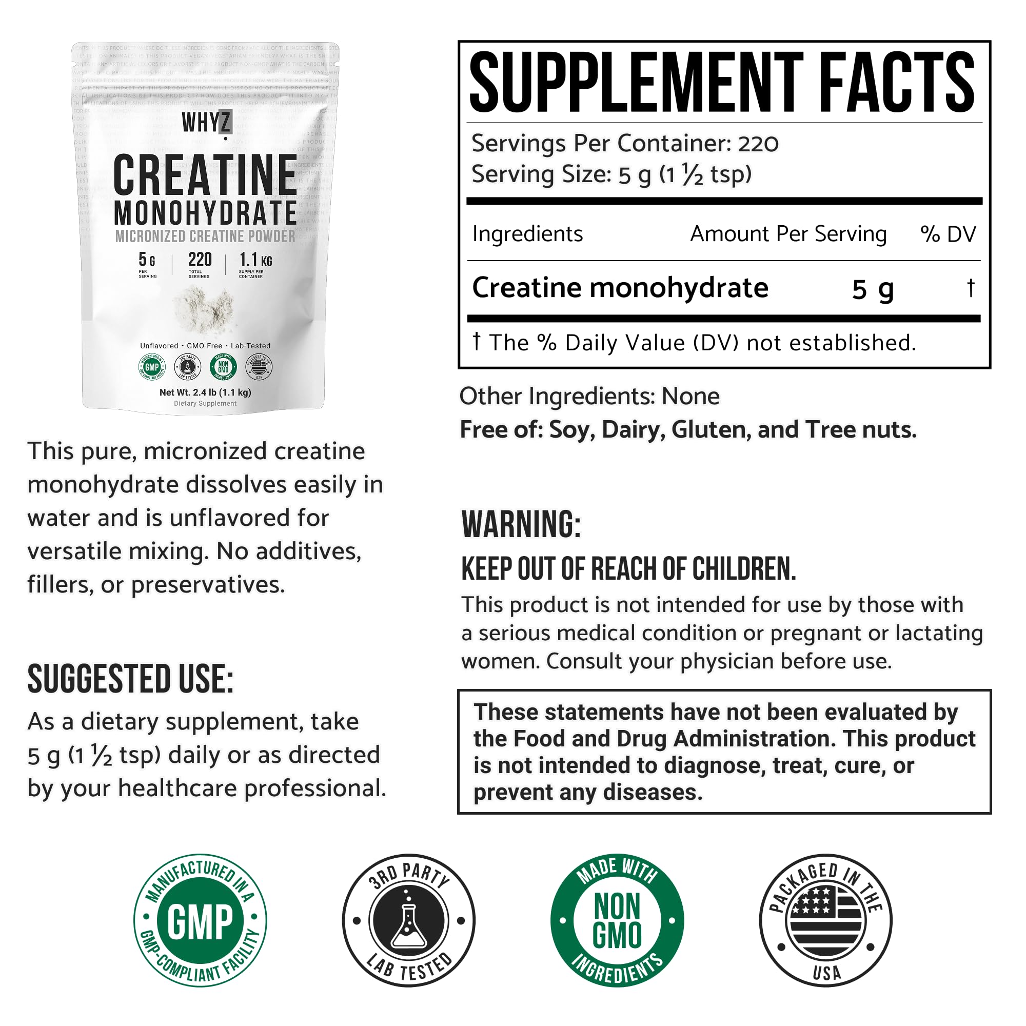 WHYZ creatine monohydrate powder with scoop enables precise servings and quick mixing.