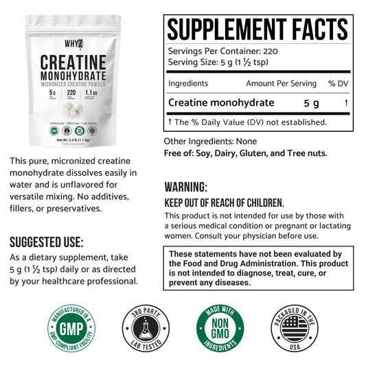 WHYZ creatine monohydrate powder with scoop enables precise servings and quick mixing.
